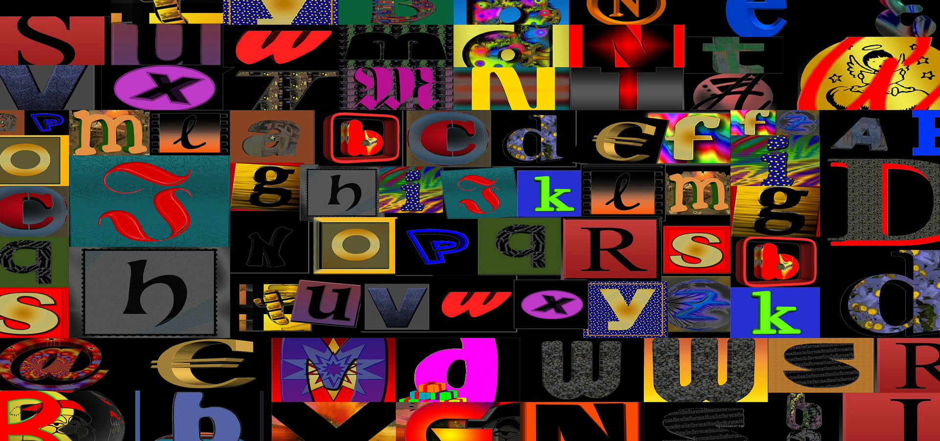 Színes betűk különböző méretben és típussal