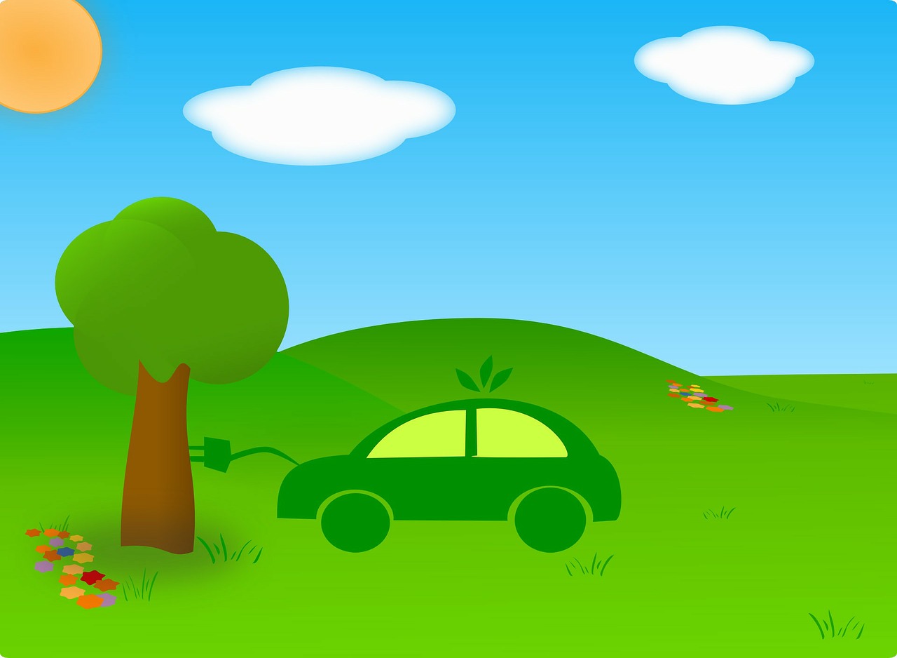 Elektromos autók. Zöld környezetben egy elektromos autó egy fától kap energiát. 